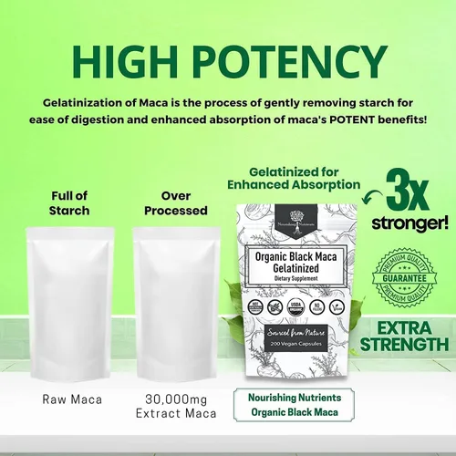 Vista 4 de Maca negra gelatinizada orgánica 3 veces más fuerte, 200 cápsulas para hombres y mujeres, suplemento energético natural para concentración