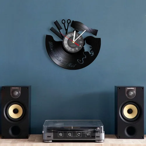 Vista 3 de Reloj de pared de 11.8 in con peine y tijeras, secador de pelo, salón de belleza, reloj de pared para peluquería, reloj de vinilo vintage, letrero