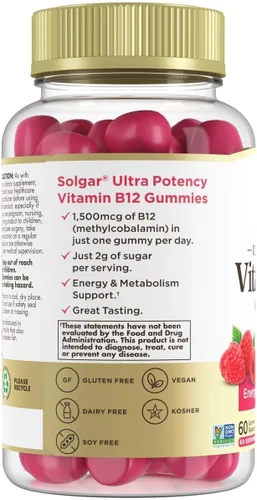 Vista 3 de Solgar Gomitas Metil B12 para adultos, 1,500 mcg de vitamina ultra potencia para apoyo energético y metabolismo, sabor frambuesa, gomitas veganas