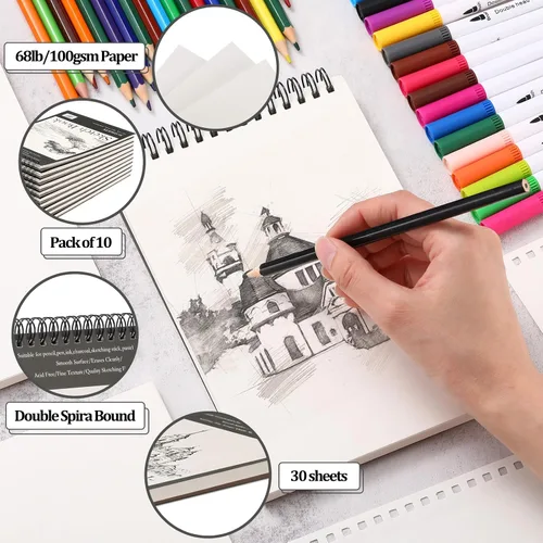 Vista 4 de Jexine 10 cuadernos de bocetos encuadernados en espiral superior de 5.5 x 8.5 pulgadas, 30 hojas cada una (68 libras/100 gsm), bloc de dibujo