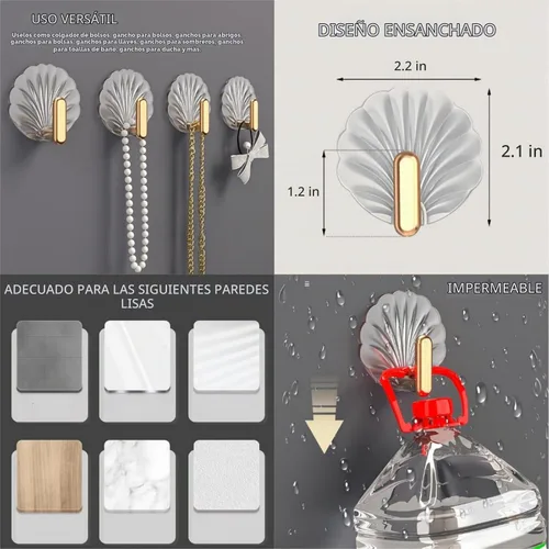 Vista 5 de Ganchos de pared decorativos adhesivos resistentes, paquete de 4