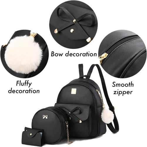 Vista 5 de Mochila de piel para niñas, estilo Bowknot, 3 piezas de mochila, bolso y monedero a la moda, para mujer