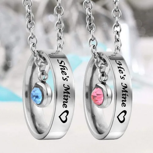 Vista 7 de MJartoria collares a juego para parejas, para él y ella, dijes de anillo grabados, con diamantes de imitación, regalo para novio y novia
