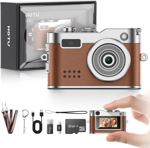 Vista 9 de Cámara Digital Mini HOTU, Cámara Llavero 1080P HD con Lente de 2MP, Flash, Grabación de Vídeo, Tarjeta de 32G Incluida, Cámara Retro Portátil y Beige