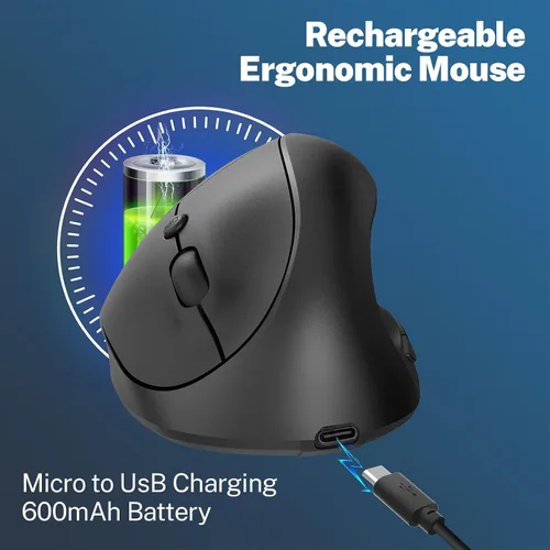 Vista 4 de Ratón ergonómico, pequeño mouse vertical recargable con 6 botones ajustables 800/1200/1600 DPI mouse inalámbrico morado para laptop, escritorio, PC