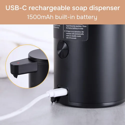 Vista 3 de Dispensador automático de jabón de acero inoxidable con sensor, dispensador de jabón infrarrojo, eléctrico, IPX5, impermeable, USB-C, sensor de Negro