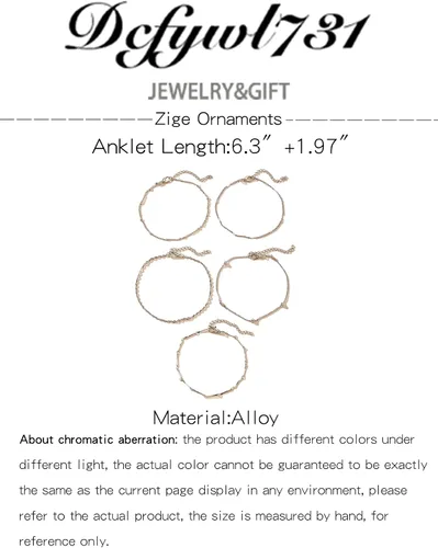 Vista 5 de Dcfywl731 Tobillera de cinco capas para mujer, cadena de cuentas de plata y oro, tobillera para adolescentes y niñas, pulseras de tobillo de varias