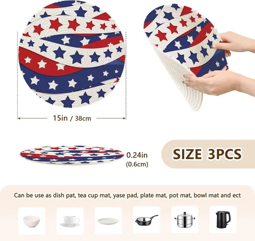 Vista 2 de Salvamanteles de microondas con diseño de estrellas y rayas, color rojo, 3 piezas, resistente al calor, para platos calientes, para tetera