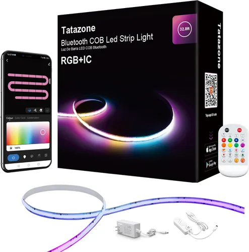 Vista 8 de Tatazone Tira de luz LED COB Bluetooth RGB+IC de 6.56 pies con aplicación, tira de luz COB de persecución, control segmentado, sincronización