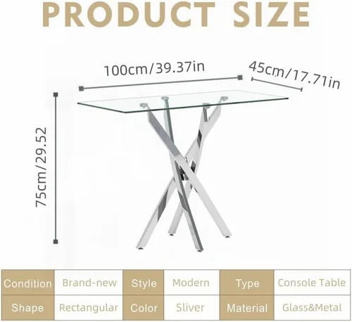 Vista 2 de Mesa consola de vidrio templado con patas cromadas, moderna mesa de sofá estrecha para entrada de pasillo (plateado, 39 x 18 x 30 pulgadas)
