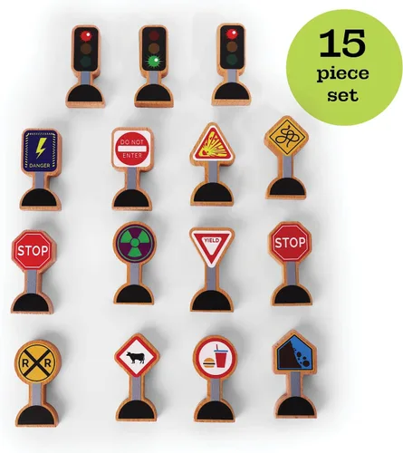 Vista 4 de 15 piezas – Señales de tráfico de madera para niños – Señales de calle Zany para alfombras de juego, trenes de juguete y autos – Señales de calle