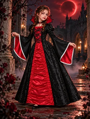 Vista 7 de SIZGAROOT Disfraz de vampiro para niñas, vestido gótico de reina Rojo
