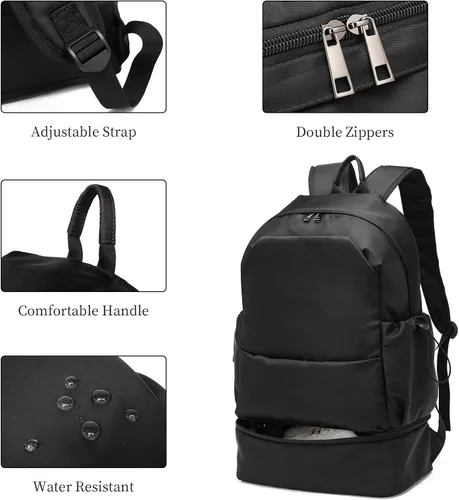 Vista 5 de seyfocnia Mochila de gimnasio para hombres, mochila de viaje impermeable con compartimento para zapatos, bolsa de gimnasio deportiva ligera, Negro