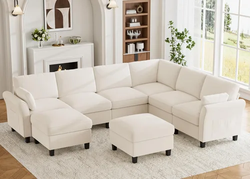 Vista 16 de Legend Vansen Sofá modular seccional, cómodo sofá modular en forma de U de 6 asientos con espacio de almacenamiento y diván, sofás seccionales Crema