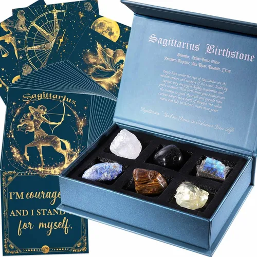 Vista 9 de Faivykyd Regalo de cristales de acuario para mujer, 6 piedras del zodiaco de acuario con 50 tarjetas de afirmación de mantras milagrosos, regalos