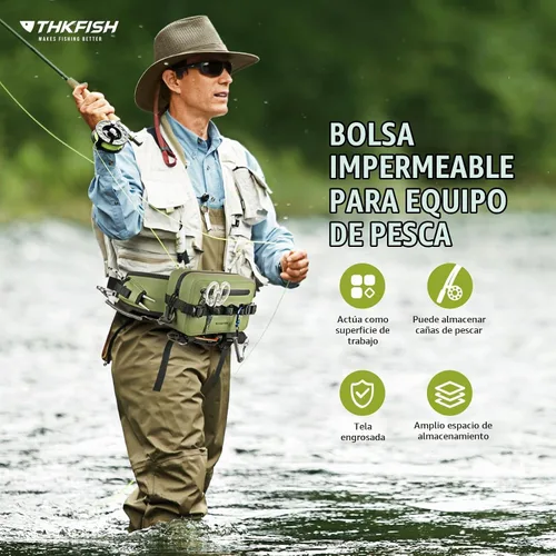 Vista 7 de thkfish Riñonera de pesca impermeable, bolsa de aparejos de pesca con correa ajustable, soporte para caña de pescar, cierre hermético de cremallera