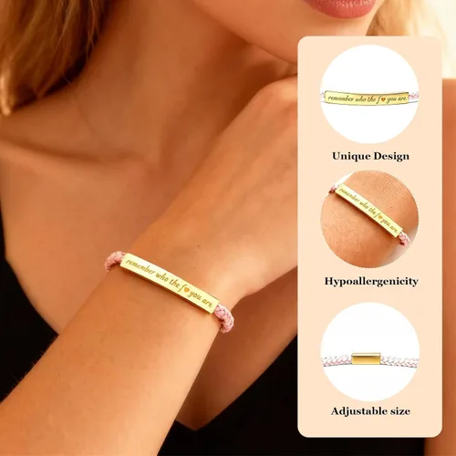 Vista 4 de Pulsera trenzada motivacional con texto en inglés "Remember Who The F You Are", regalos inspiradores para mujeres y amigas