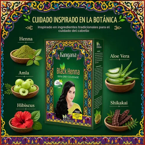 Vista 2 de KANGANA Polvo de henna negra natural para tinte de cabello/color, 100% cobertura de canas, sin químicos, paquete de 3 Negro