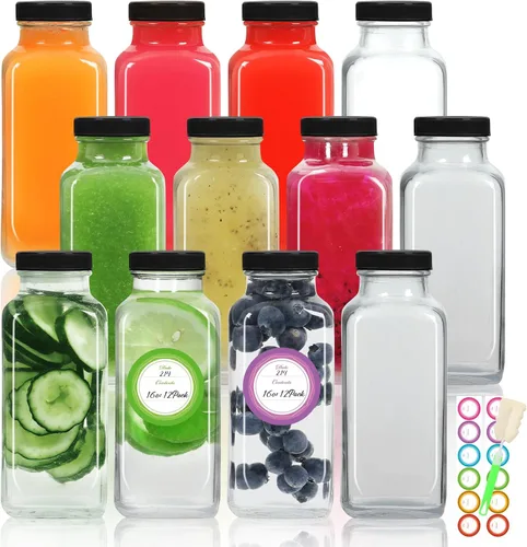 Vista 10 de STARSIDE - Botellas de vidrio para jugo de 8 onzas con tapas, paquete de 12 - Frascos reutilizables cuadrados para exprimir, leche, kombucha