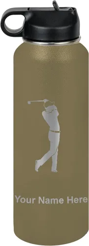 Vista 68 de LaserGram Botella de agua personalizada, golfista de golf, acero inoxidable de doble pared aislada al vacío con popote superior, regalo grabado Negro