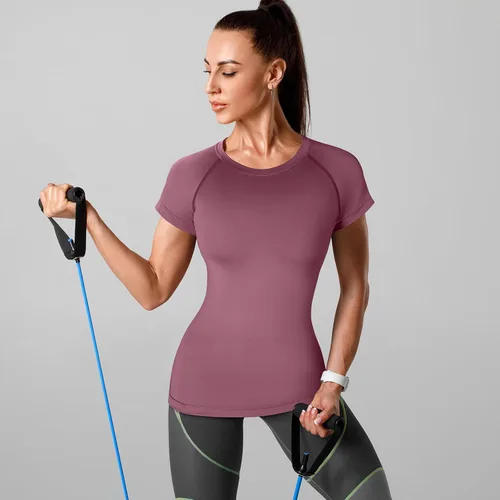 Vista 2 de Coume Paquete de 4 camisetas de compresión para mujer, de manga corta, para entrenamiento, correr, atletismo, yoga, gimnasio, equipo deportivo