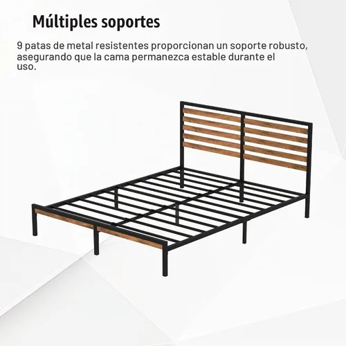 Vista 7 de Marco de cama de tamaño matrimonial con combinación de madera y metal, plataforma estable con soporte de listones de acero, cama doble, no necesita