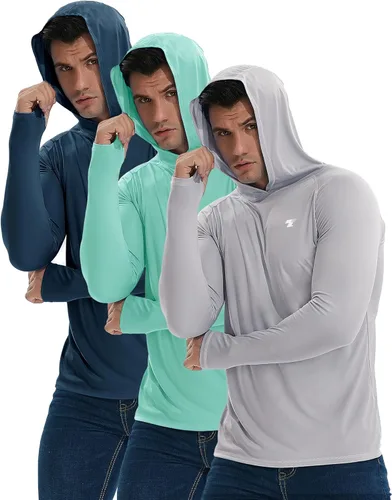 Vista 8 de Paquete de 3 camisas de protección solar UPF 50+ para hombre, con capucha y Paquete de 3 gris claro/azul/gris