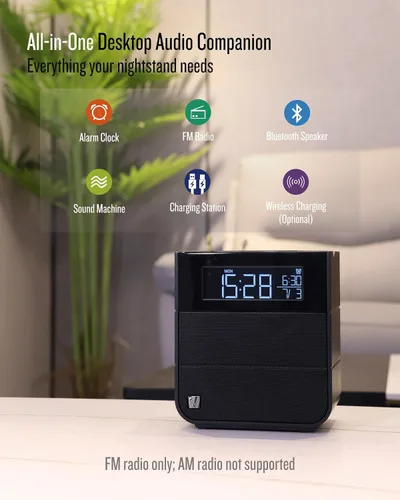 Vista 2 de Soundfreaq Sound Rise II, SFQ-16: Radio despertador de cabecera y bocina Bluetooth, con pantalla grande, radio FM, carga USB rápida y sonido