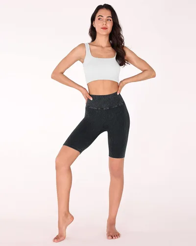 Vista 5 de ODODOS Pantalones cortos de yoga sin costuras para mujer, cintura alta, levantamiento de glúteos, lavado ácido, acanalado, entrenamiento, gimnasio