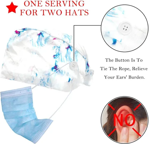 Vista 2 de 2 Pcs Adjustable Working Cap with Button, Cotton Working Hat Sweatband, Elastic Bandage Tie Back Hats for Women & Men, Unreal Watercolor Marble