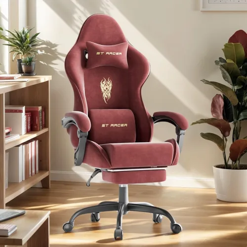 Vista 10 de Soontrans Sillas de tela de terciopelo para juegos con reposapiés, silla ergonómica para videojuegos para adultos, sillas reclinables de escritorio