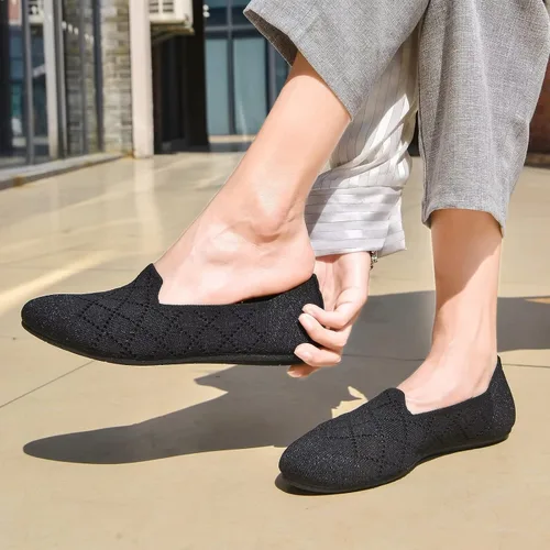 Vista 3 de poemlady Zapatos planos de ballet para mujer, zapatos de vestir de punto con punta redonda sin cordones, zapatos planos de bailarina para caminar