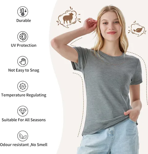 Vista 3 de Merino Protect Camisetas 100% de lana merino para mujer, cuello redondo, manga corta, resistencia al olor, capa base, viajes, senderismo, camiseta