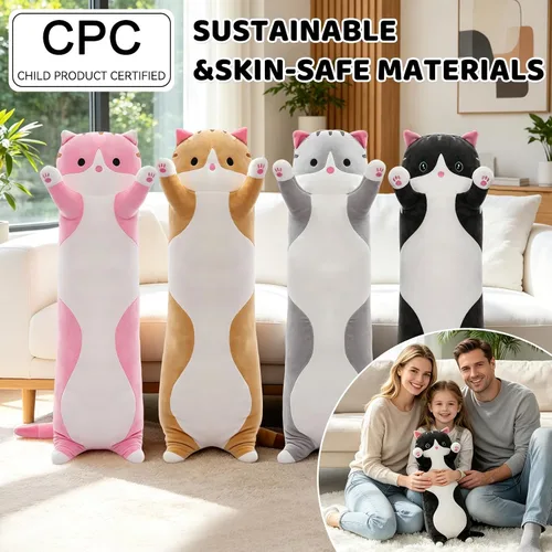 Vista 2 de Almohada de Cuerpo Largo de Felpa de Gato Bonito – Muñeca Suave de Peluche de Dibujos Animados, Juguete de Abrazo de Peluche de Gato Kawaii