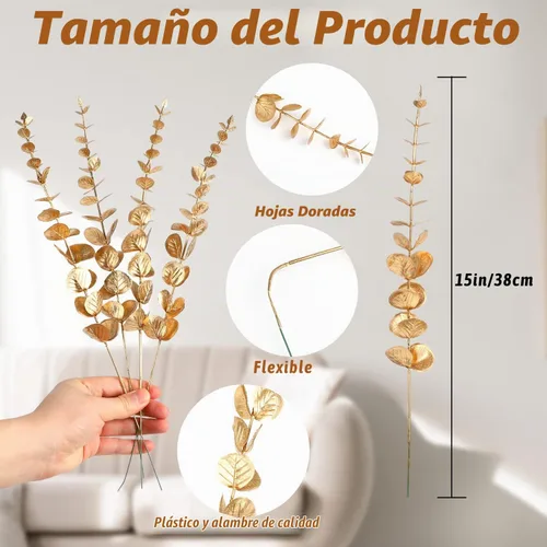 Vista 2 de FOIMAS Tallos de eucalipto artificiales dorados, 36 piezas de ramas de eucalipto sintético, decoración de hojas para arreglos florales, ramo