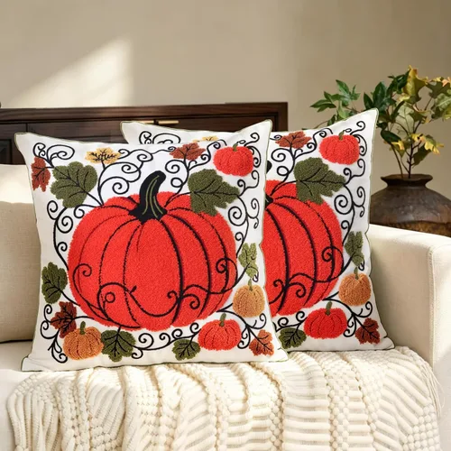 Vista 5 de Pack of 2 Embroidered Decorative Throw Pillow Cover 18x18 Inch Farmhouse Floral Pillowcase for Living Room Sofa Bed (Big Pumpkin)