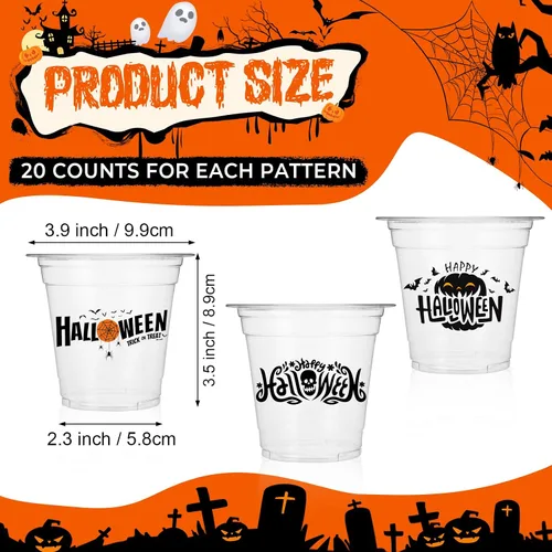 Vista 2 de Sliner 60 vasos de plástico de Halloween de 12 onzas desechables transparentes para Halloween, suministros de fiesta para bebidas frías, cerveza