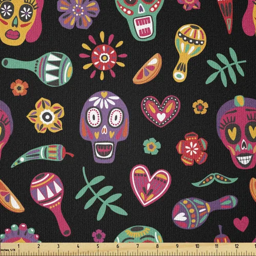 Vista 9 de Ambesonne The Yard, tela de calavera colorida con temática de Halloween, diseño de calavera y huesos cruzados, divertido estampado de dibujos