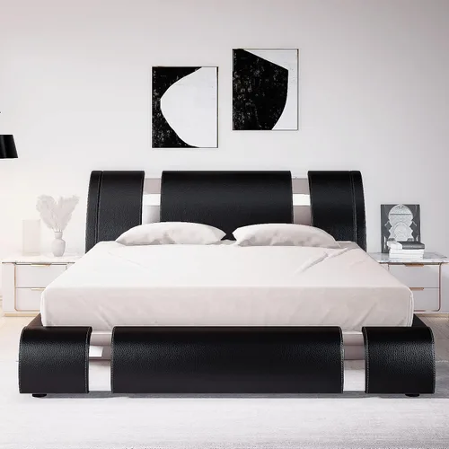 Vista 3 de Allewie Base de cama Queen con plataforma con decoración de piezas de hierro, base tapizada con piel sintética, cabecera ajustable y listones