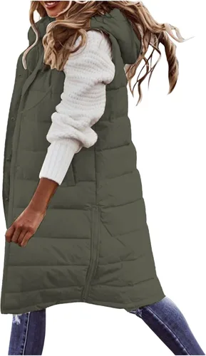 Vista 25 de Chaleco largo para mujer, sin mangas, acolchado, con cremallera, capucha, abrigo de invierno cálido, ligero, con bolsillos