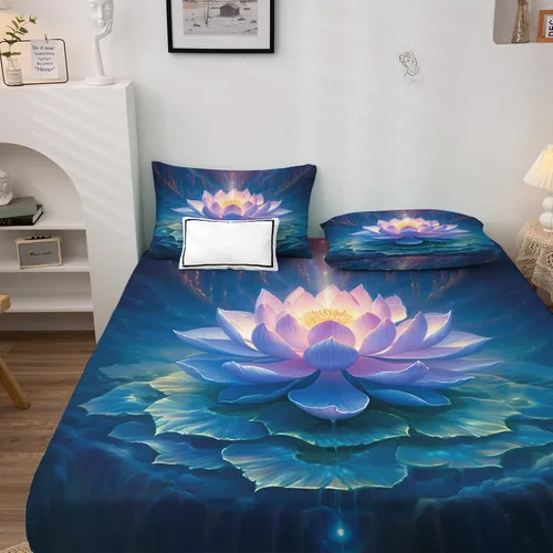 Vista 3 de Lotus Sábanas tamaño individual – Sábanas de cama de flor de loto, microfibra suave, bolsillo profundo, sábanas y fundas de almohada sin arrugas, 3