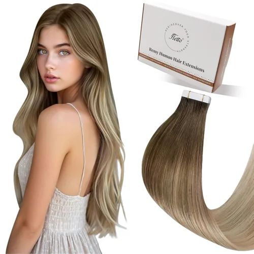 Vista 84 de 【Descuento】Hetto - Extensiones de cabello con cinta adhesiva, 40g, extensiones de cabello humano, color rubio ceniza oscuro degradado a rubio medio