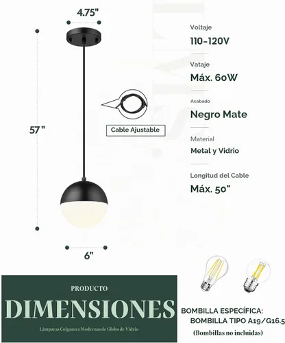 Vista 3 de LMS Lámpara Colgante de Mediados de Siglo de 6 Pulgadas, Lámparas Colgantes de Color Negro Mate con Cristal de Globo Blanco, Lámparas de Techo