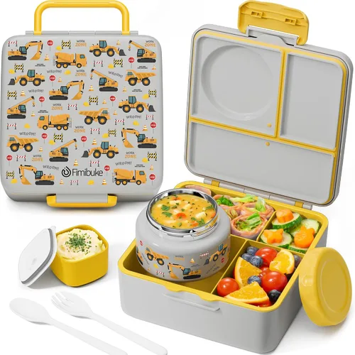 Vista 13 de Fimibuke Lonchera Bento para Niños y Adultos, Contenedor de Lonchera para Niños Pequeños de 3-4 Compartimentos 60OZ con Frasco de Comida Aislado a