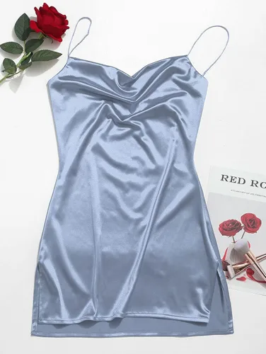 Vista 5 de ZAFUL Vestido de satén con tirantes delgados para mujer, ajustado, con abertura lateral, mini vestido sexy sin mangas, vestido de fiesta corto