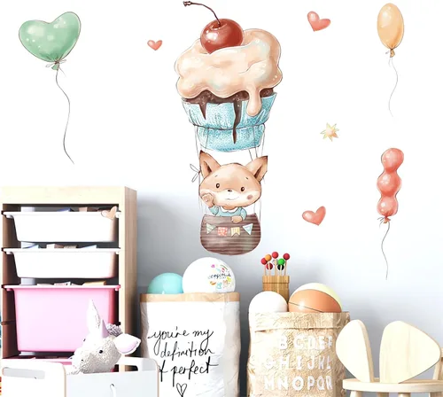 Vista 4 de Calcomanías de pared de dibujos animados con globos de zorro lindo bebé Globos coloridos de vinilo extraíble de animales para niños, guardería