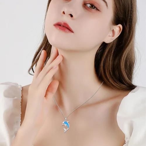 Vista 4 de TUGHRA 925 Sterling Silver Ocean Necklace Summer Jewelry SharkDolphin Pendant Necklaces Blue Opal Ocean Necklace Cute Ocean Animal Gift for Women