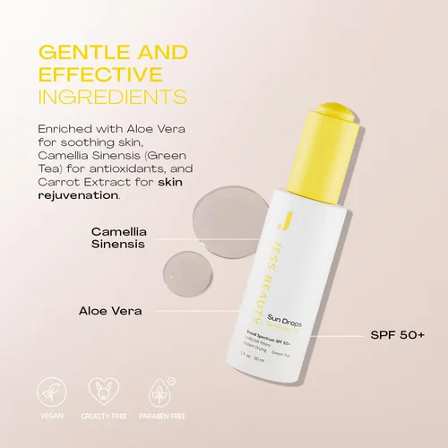 Vista 8 de JESS BEAUTY Protector solar facial Sun Drops SPF 50 Aceite para el cuidado de la piel con Camellia Sinensis y Squalane Cuidado de la piel
