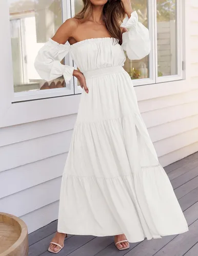 Vista 3 de ZESICA - Vestido largo, bohemio y sexy, con hombros descubiertos y manga larga fruncida, con elástico fruncido, cintura alta y abertura lateral