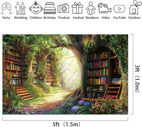 Vista 4 de Riyidecor Fondo de Biblioteca de Hadas Tela de Poliéster Estantería Árbol Encantado Bosque 5 Pies de Ancho x 3 de Alto Verde Jardín Libro Planta